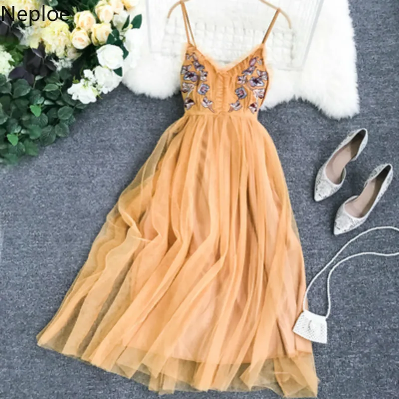 Neploe Лето 2019 женское платье Милая Вышивка оборки Camis Vestido французский