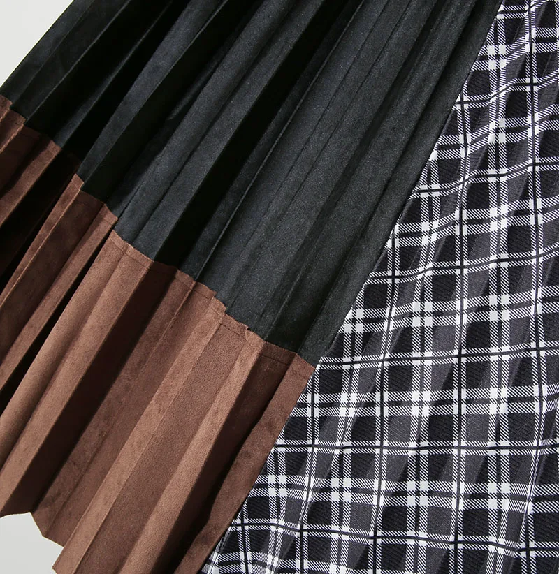 

XUXI Spring 2021 Women Half-length Skirt Fashion Color Contrast Stitching Plaid Golden-Velvet A-LIne Chiffon Skirt E486