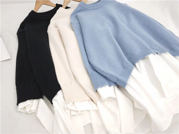 

Autumn 2020 new loose fake two piece knitted women's shirt stitching solid women's medium length sweater Casual Winter