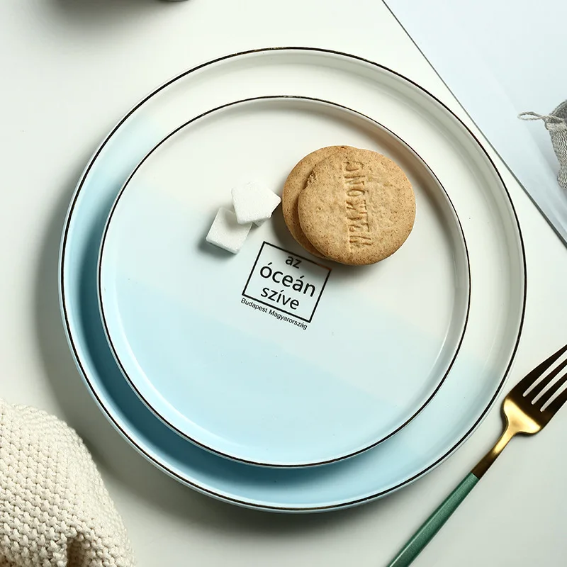 Скандинавская сине белая керамическая тарелка меняющая цвет океанская круглая