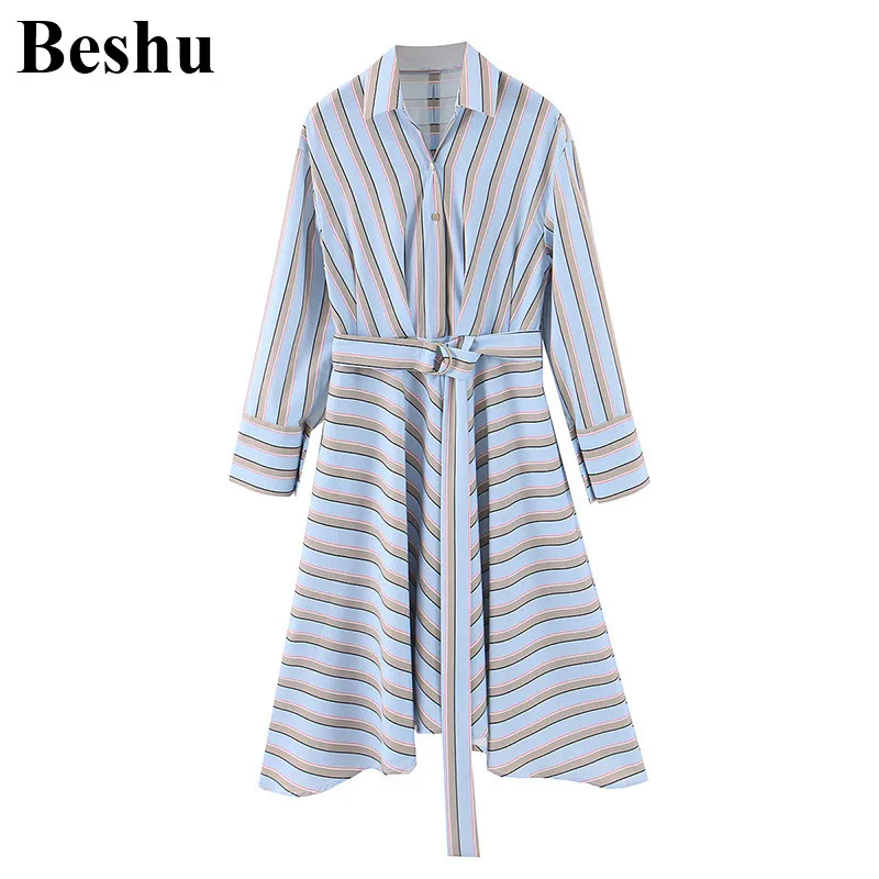 Za 2019 модное платье в стиле рубашки женское синюю полоску на пуговицах с