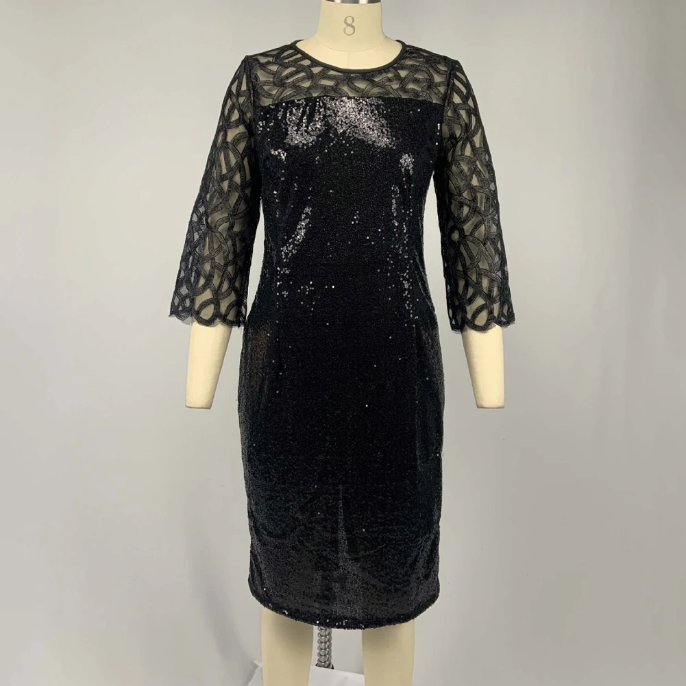 

Women Dress 3/4 Sleeve Sheer Patchwork Shiny Sequins Bodycon Knee-length Dress Polyester Women Clothing vestido de mujer