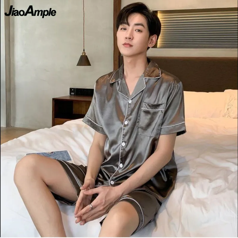 

Pajamas Men Summer Ice Silk Thin Short-Sleeved Shorts Pijamas Two-Piece 2021 New Plus Size Loose Nightie Sleepwear Home Clothes