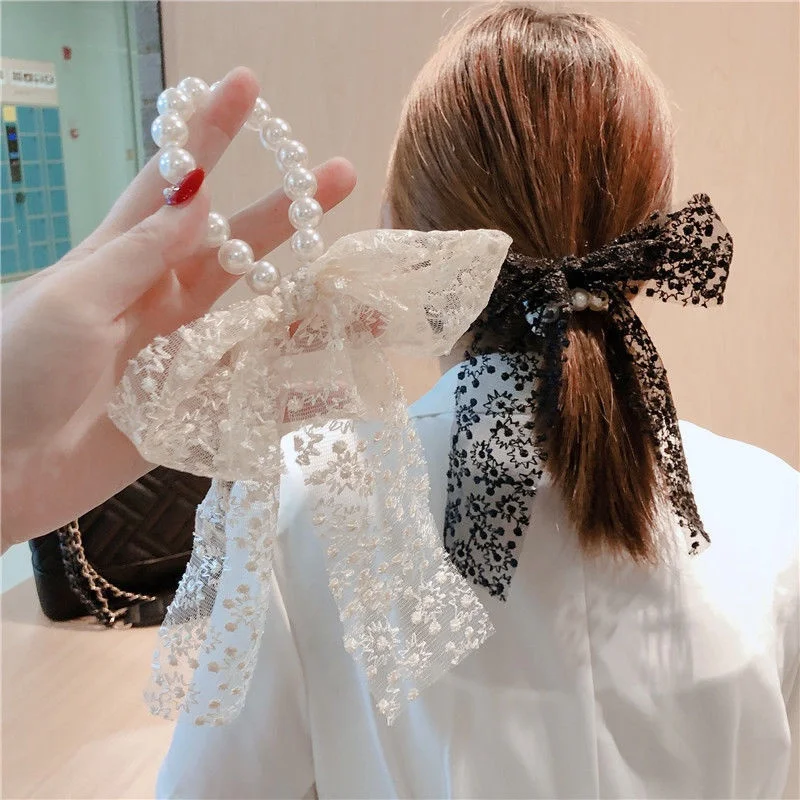 

lace pearl bow knot head rope tie hair rubber band bracelet dual-use hair accessories