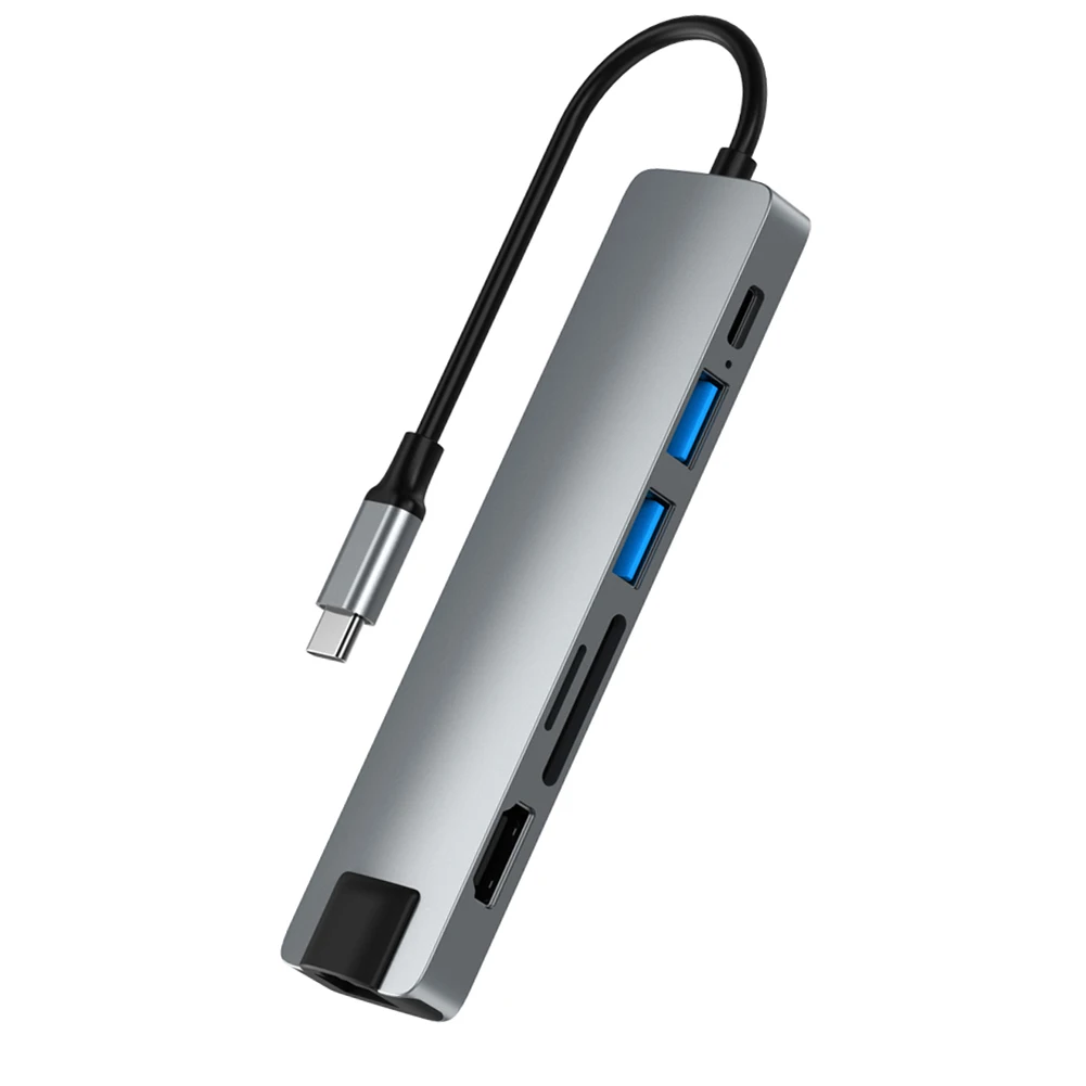 

7 in 1 Type-C USB C to HDMI-Compatible Hub with PD RJ45 Ethernet USB-A TF Splitter Laptop Extension Adapter Dock