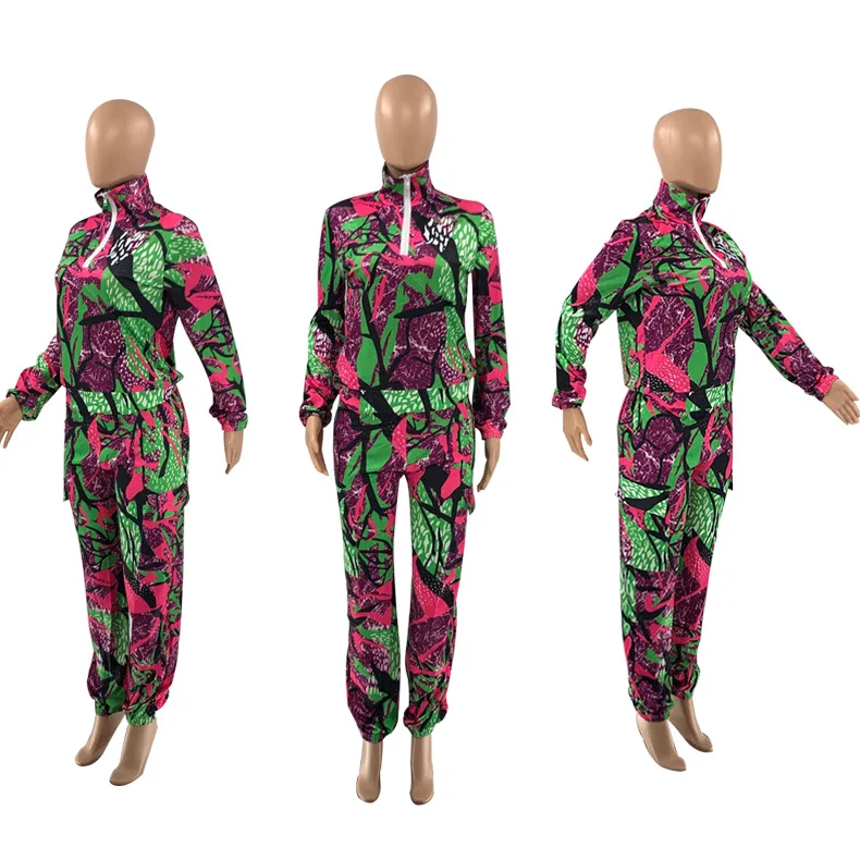 

2 piece sets womens outfits Patchwork print zipper sweatshirt+sweatpants sweat suits matching sets 2020 Women joggers suit sets