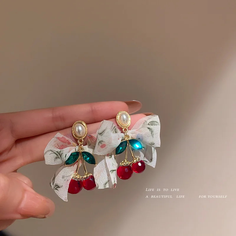 

New Fashion Personality Crystal Pearl Bowknot Cherry S925 Silver Needle Earrings Women's Temperament All-match Earrings