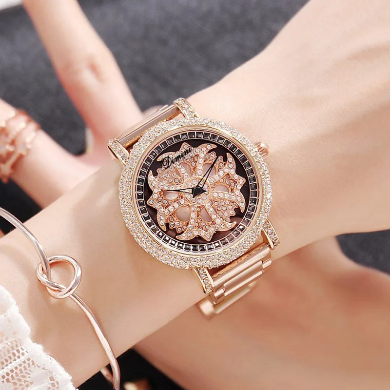 Dimini's New Fashion Trends Women's Watch Personality With Diamond Rotation Watches Women Stainless Steel Strap Ladies Watches
