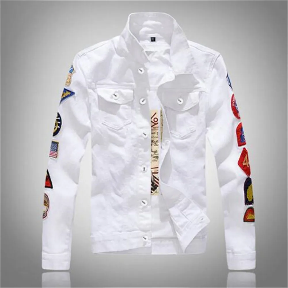 

Spring Autumn New Men's Sleeve More Labeling White Denim Jacket Design Jean Coats Single-Breasted Outerwear