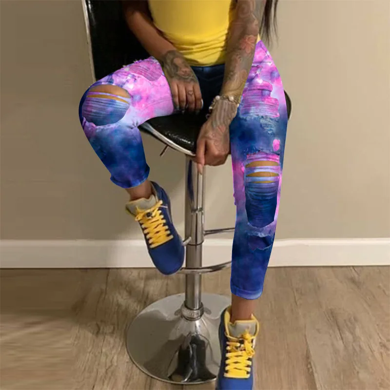 

FNOCE autumn women's jeans young fashion sexy tie-dye hight waist skinny hole hollow retro Ankle-Length Pants denim trousers