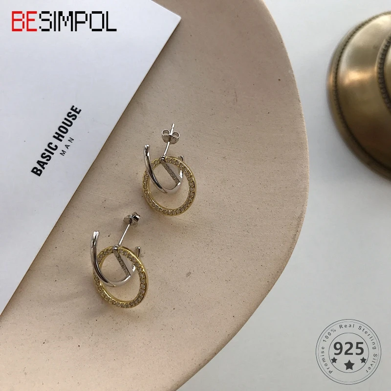

Besimpol Real 925 Sterling Silver Earrings Temperament Golden Circle Zircon Design Stud Earrings For Women Luxury Fine Jewelry