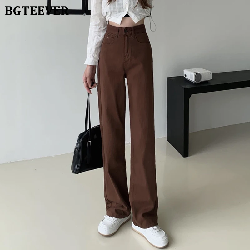 

BGTEEVER Vintage Straight Ladies Jeans Pants High Waist Loose Pockets Women Denim Trousers 2022 Ladies Long Pants