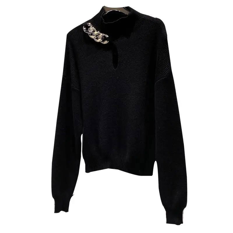 

2020 Autumn and Winter New Metal Chain Decoration Half High Collar Hollow Long Sleeve Knitted Sweater Female Knit Pullover Tops