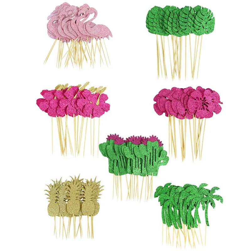 

10pcs/lot Pineapple Flamingo Cake Topper Tropical Palm Leaves Cupcake Topper Hawaiian Luau Summer Party Cake Decor Kids Birthday