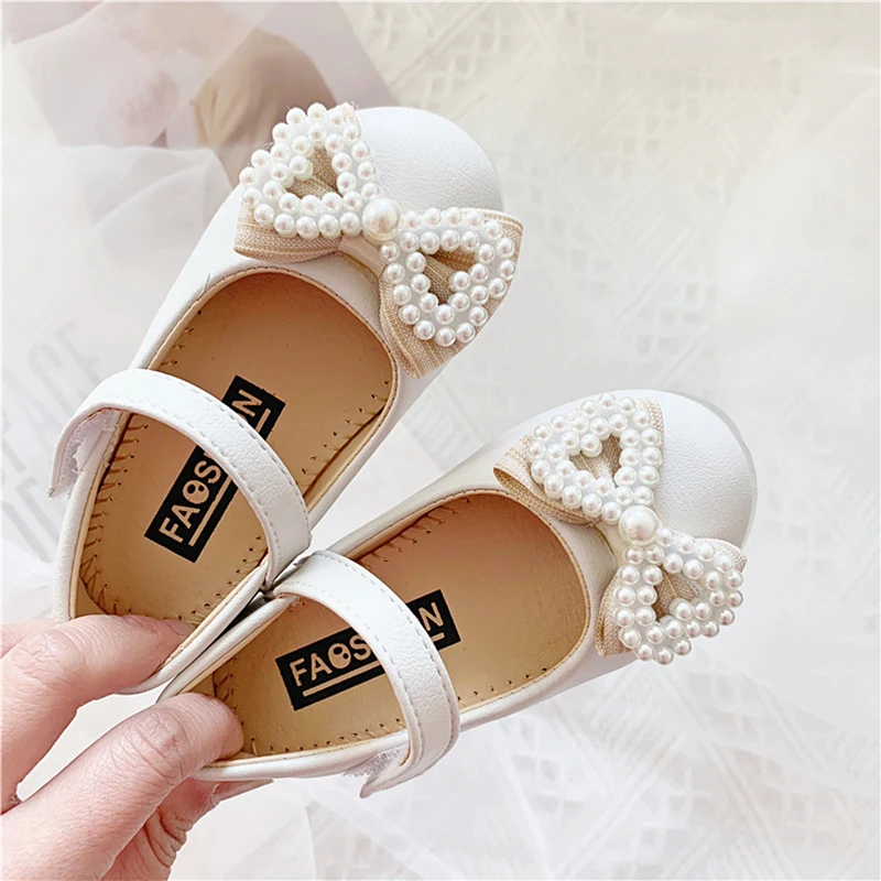 Children White Pearls Crystal Leather Shoes Toddler Girls Kids Baby Bowknot Mary Janes Princess Wedding Party Dress Shoe |