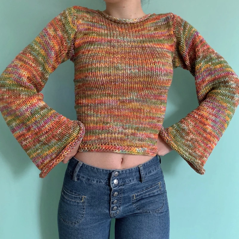 

Autumn and Winter Women's Loose Plus Size Sweaters Rainbow O-neck Knit Pullover Acrylic Striped Long Sleeve Sweater 2021 New