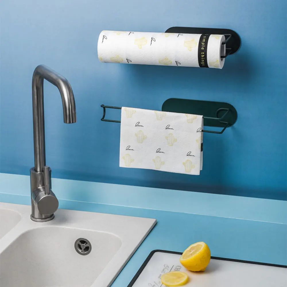 

Metal Punch Free Bathroom Roll Paper Holder Under Kitchen Cabinet Self Adhesive Towel Rack Wall Mount Organizer