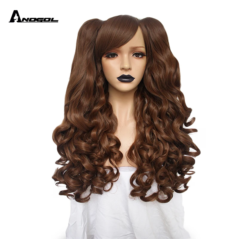 Dark Brown ANOGOL длинные волнистые Лолита высокая температура волокно коричневый розовый красный черный блонд многоцветные синтетические Косплей парики 2 хвоста - Цвет: Dark Brown