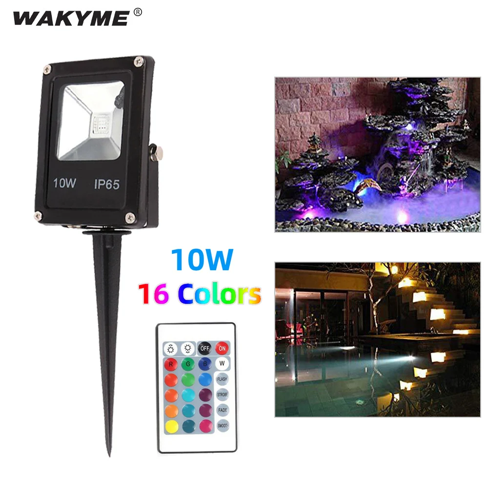 

WAKYME 10W Garden Lights Outdoor Lawn Lamp AC85V-265V Spike Flood Light Spotlight Remote Control 16 Colors Landscape Lamp