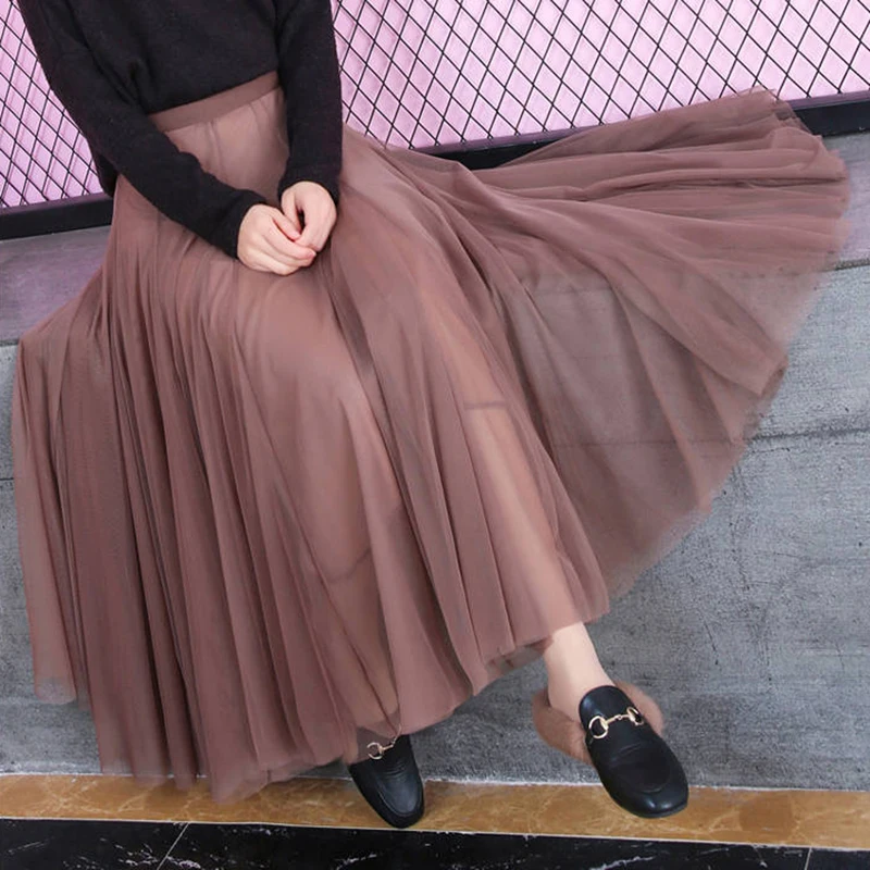 Tulle Skirts Womens Midi Pleated Skirt Black Pink Elastic High Waist Korean 2019 New Spring Summer Vintage Mesh Tutu | Женская одежда