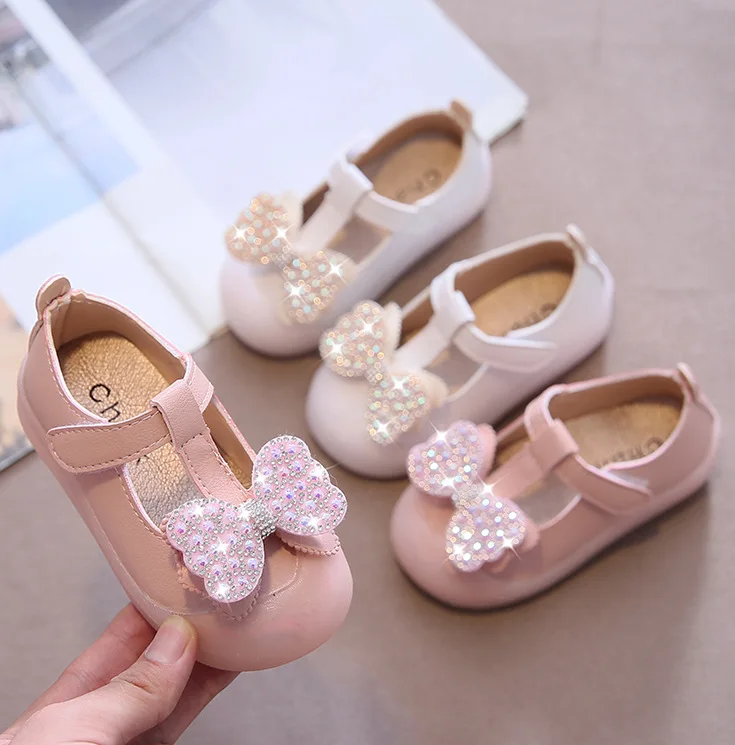 

Baby Girls Leather Shoes for Infants Toddlers Children's Soft Flats Bow-knot Rhinestone Pearls Beading T-tied Princess Sweet New