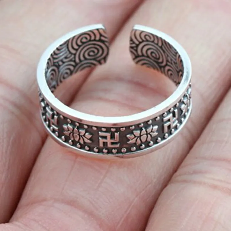 925 Чистое серебро ручной резной узор лотоса Ретро Индивидуальность тренд кольцо