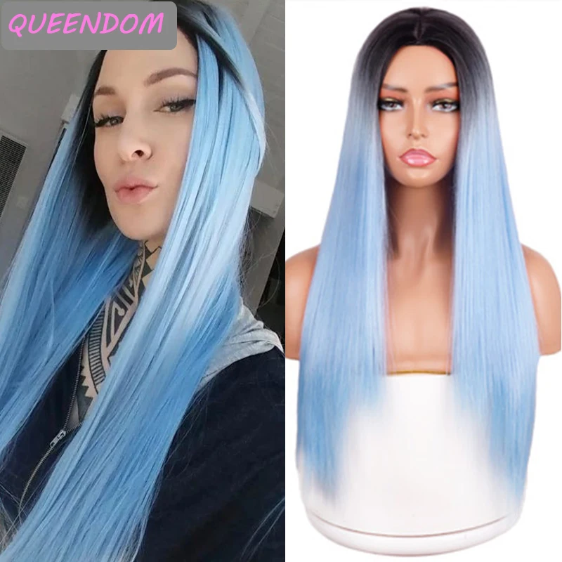 

Light Blue Straight Long Wig Natural Hair Middle Part Cosplay Wigs for Black Women Ombre Synthetic Lolita Wig Heat Resistant