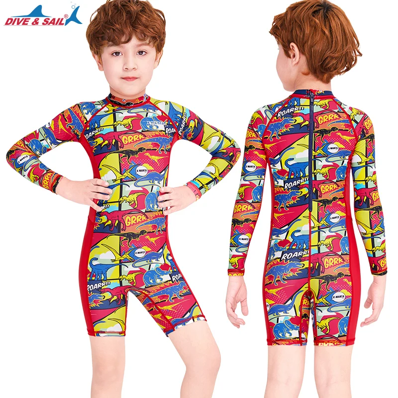 Купальный костюм для мальчиков с длинными рукавами и шортами, застежкой-молнией, защитой от солнца UPF 50+ и возрастом от 2 до 10 лет.