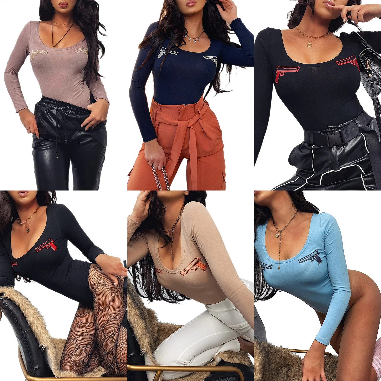 

hirigin Women's Long Sleeve Jumpsuit Sexy U Neck Solid Color with Embroidery Slim Romper Multicolour