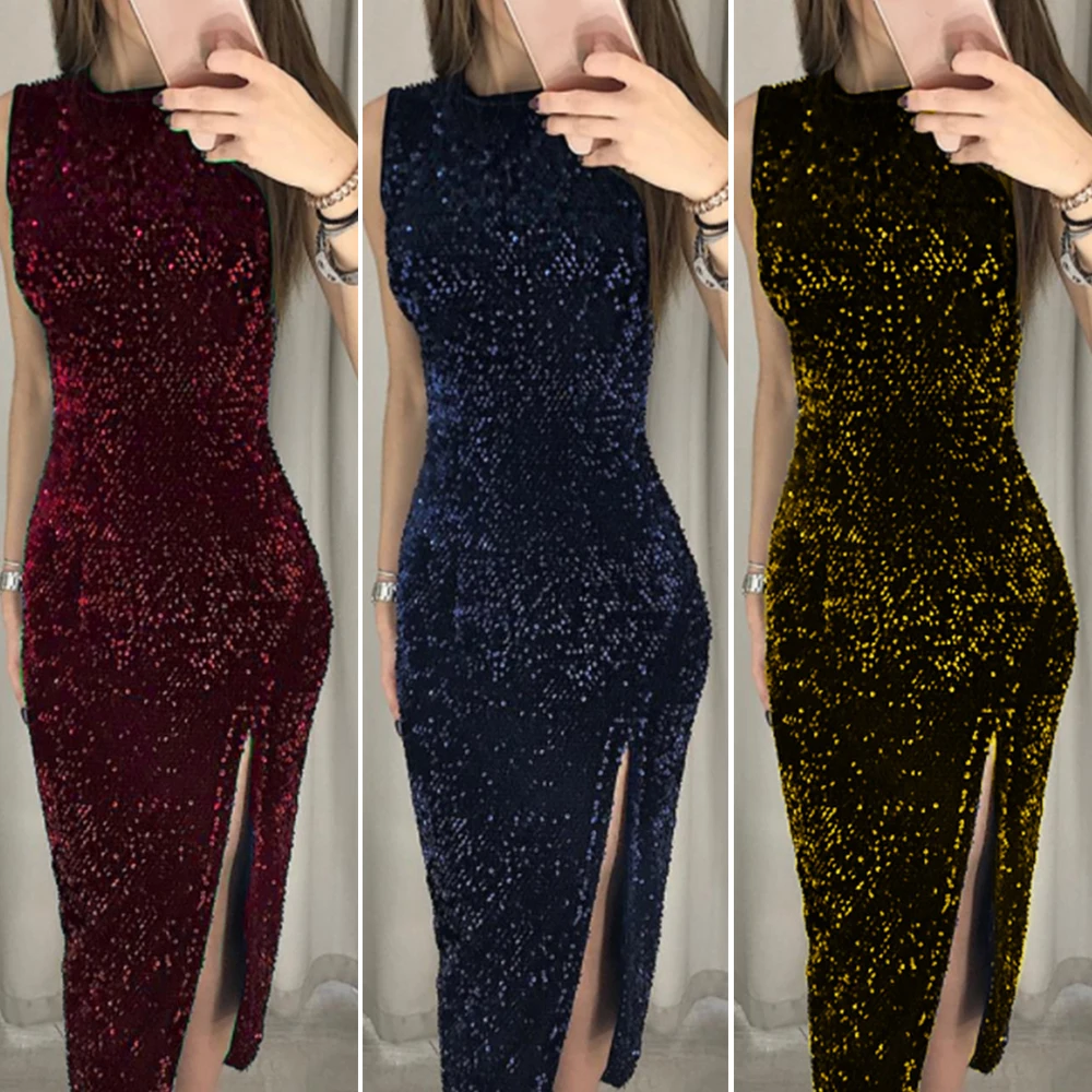 Сексуальное женское вечернее платье с блестками без рукавов облегающее длинное