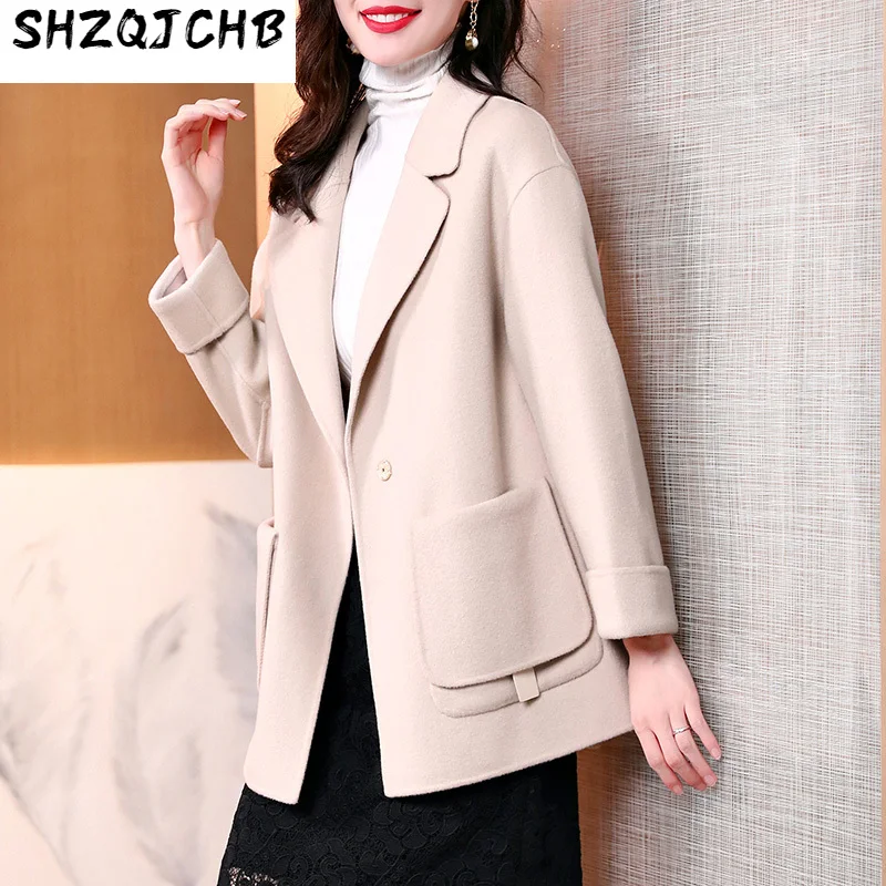 

SHZQ Double Sided Cashmere Coat Women's Medium and Long Korean High-end Wool Suit 2021 Autumn and Winter Wool Coat