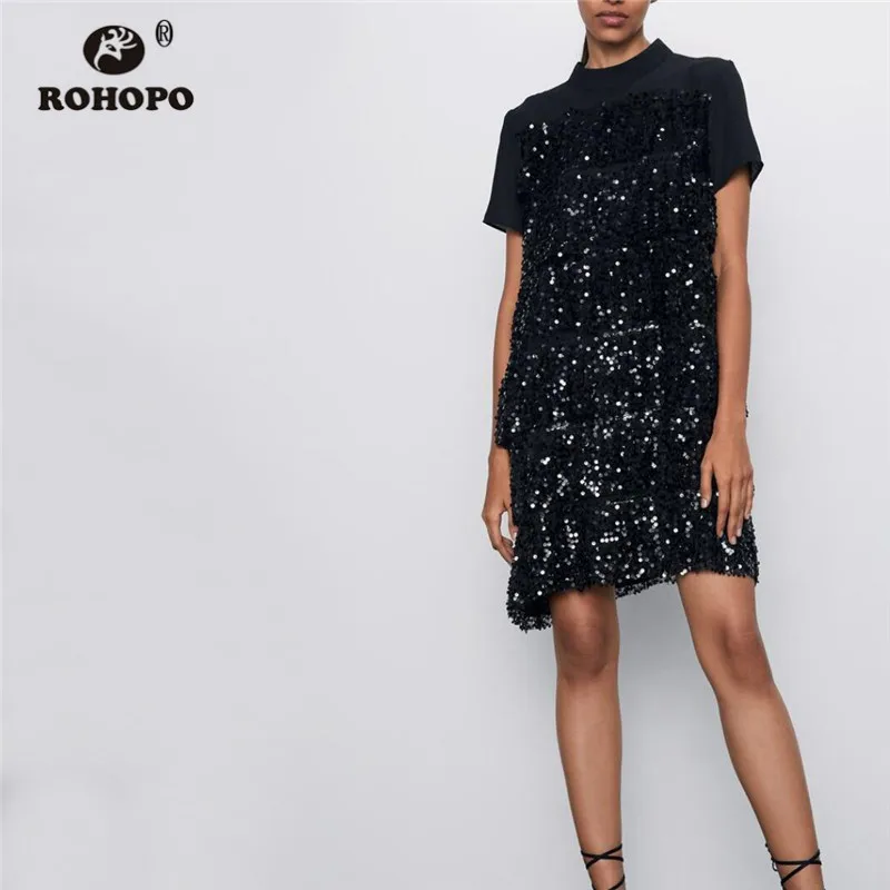 ROHOPO/короткое черное мини-платье с блестками, с каскадными оборками, с сеткой, женские блестящие вечерние платья#9442