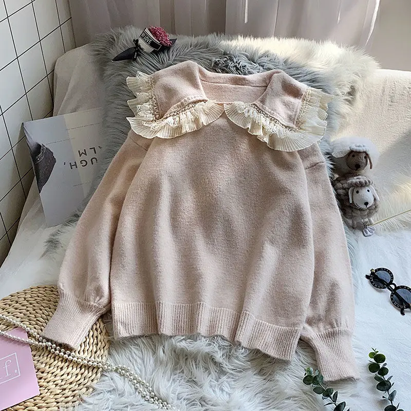 

weater Puff Sleeve 2020 Fashion Preppy Style Pullover Ladies 2020 Ruffled Lace Knitted Jumper Women Autumn Winter Soft S
