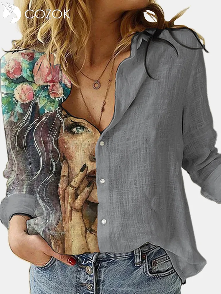 

Блузка Aprmhisy с отложным воротником и длинным рукавом, женские рубашки, элегантная Осенняя Повседневная офисная рубашка с принтом и пуговица...