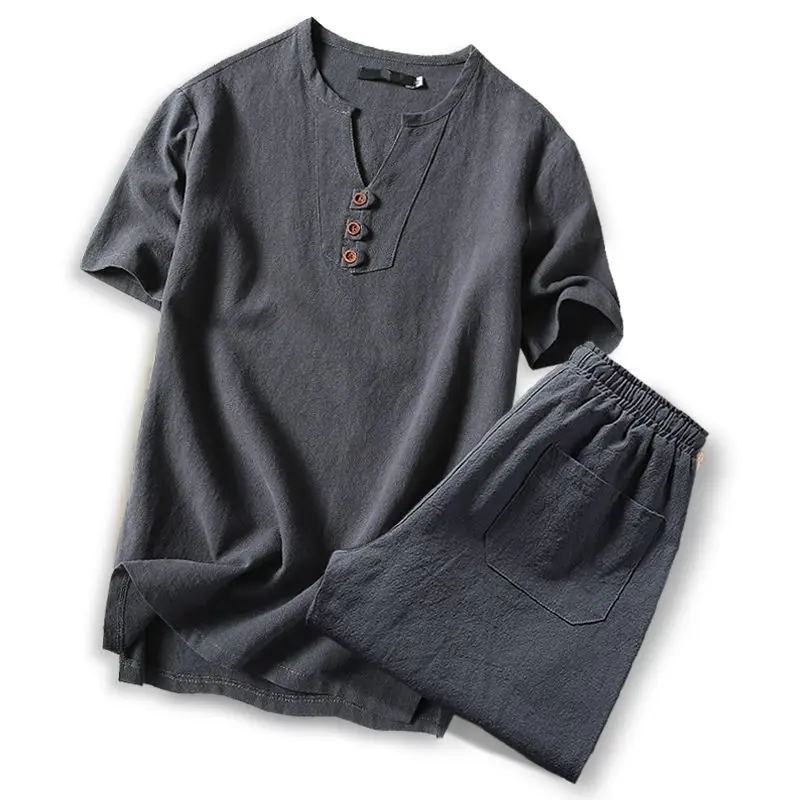 

Free shipping summer men t shirt Linen short sleeve big t shirts casual v-neck loose two-piece suit t shirts sets M-9XL