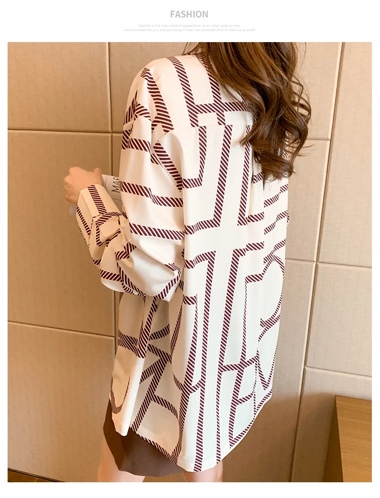 

Houthion New Chiffon Women's Blouse Fashion Shirt Long Sleeve Top Loose Printed Striped Blusas Summer Breasted Button Full