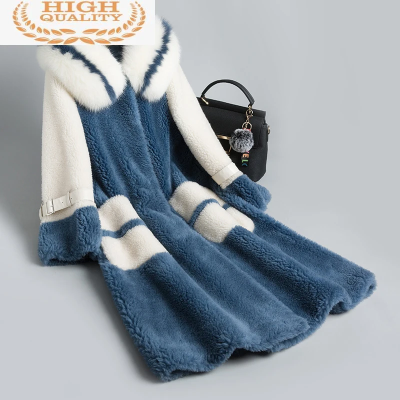 

Женское Укороченное пальто из овечьей шерсти, длинная теплая зимняя куртка с воротником из натурального меха лисы и капюшоном, 2021 SY125