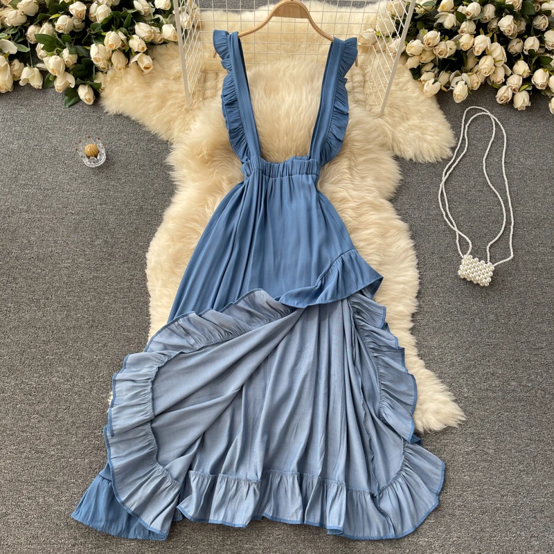 

Summer new lotus leaf solid color irregular dresses for women V-neck strap is sweet Dress 2021