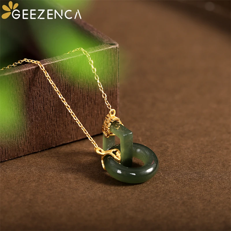 

GEEZENCA S925 Silver Gold Plated Jasper Pendant Necklace For Women Green Jade Circle Square Chic Trendy Chokers Necklaces Gift