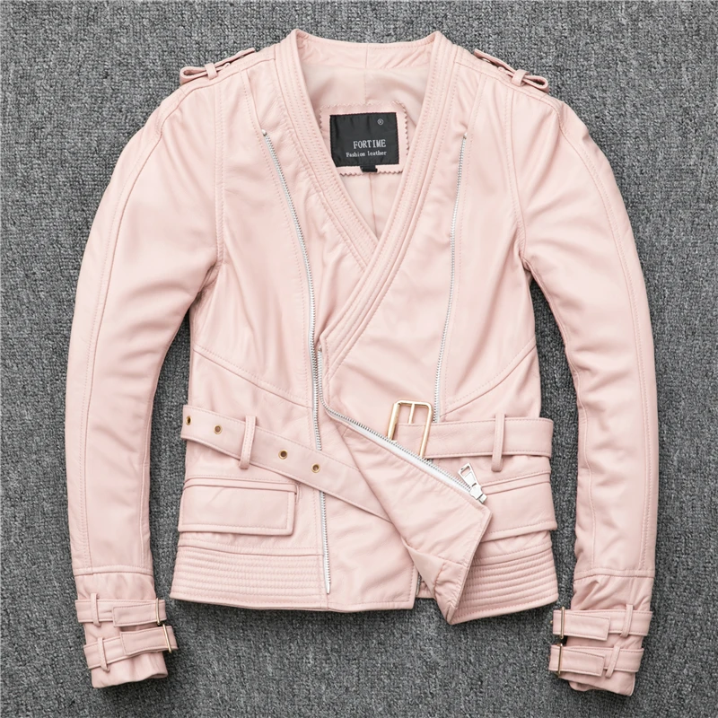 shipping,Brand new Free style women leather coat.sales.fashion slim sheepskin jacket.street pink motor jacket.lady quality