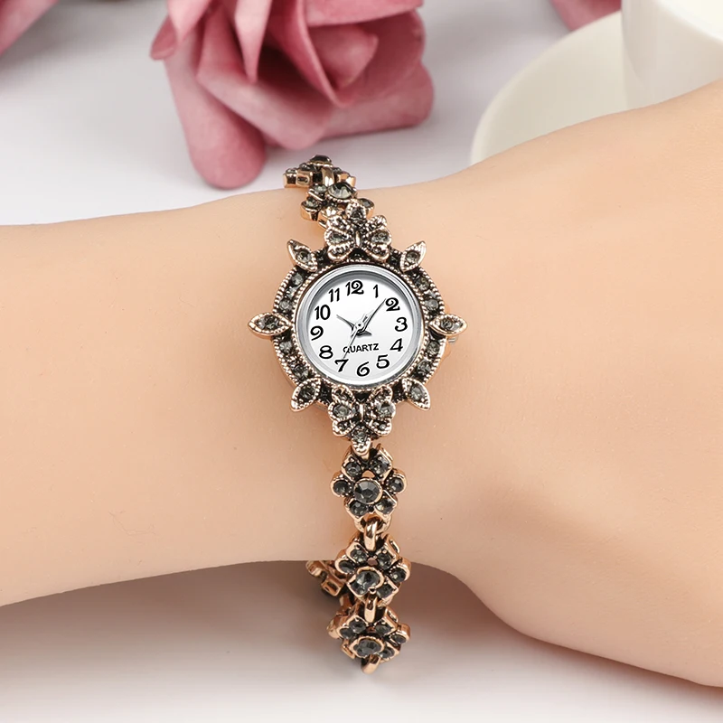 

REVELRY Brand Luxury Women Quartz Wrist Watch Antique Gold Turkish Gray Rhinestone Bracelet Vintage Watch Women Jewelry 2019 New