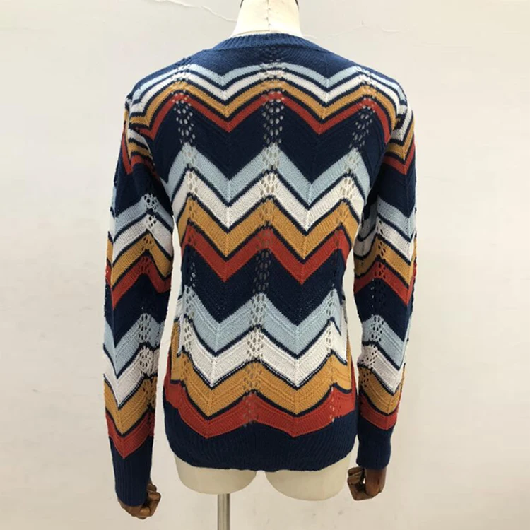 

Mandylandy Autumn Striped Hollow Out Knitted Sweater Women's Casual Long Sleeve Slim-Fit O-Neck Pullovers Sweater