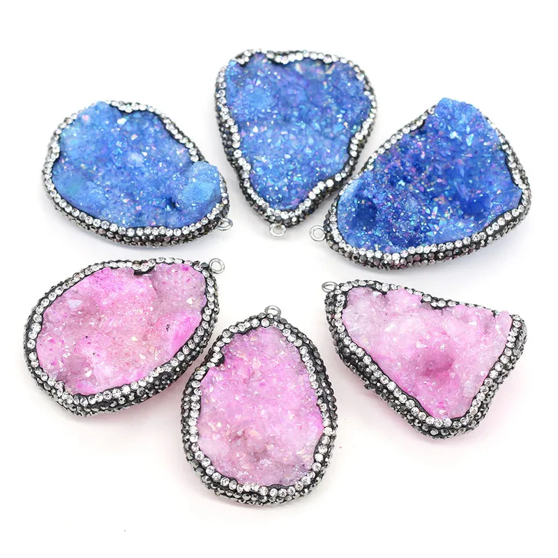 

Natural stone pendant drop type Pink agates plated edge pendant necklace for DIY jewelry best birthday gift size 30x50-35x55mm