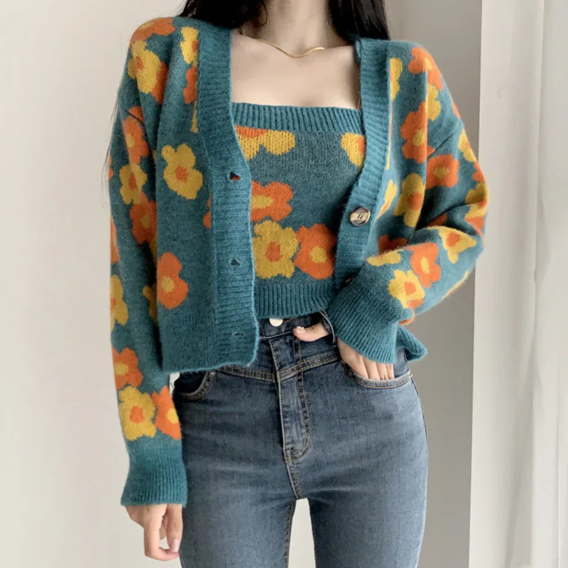 Flower Print Cropped Cardigan Women Korean Fashion Casual Blue Sweater Single-Breasted Long Sleeven Tops + Knit Vest 2 Pcs Set