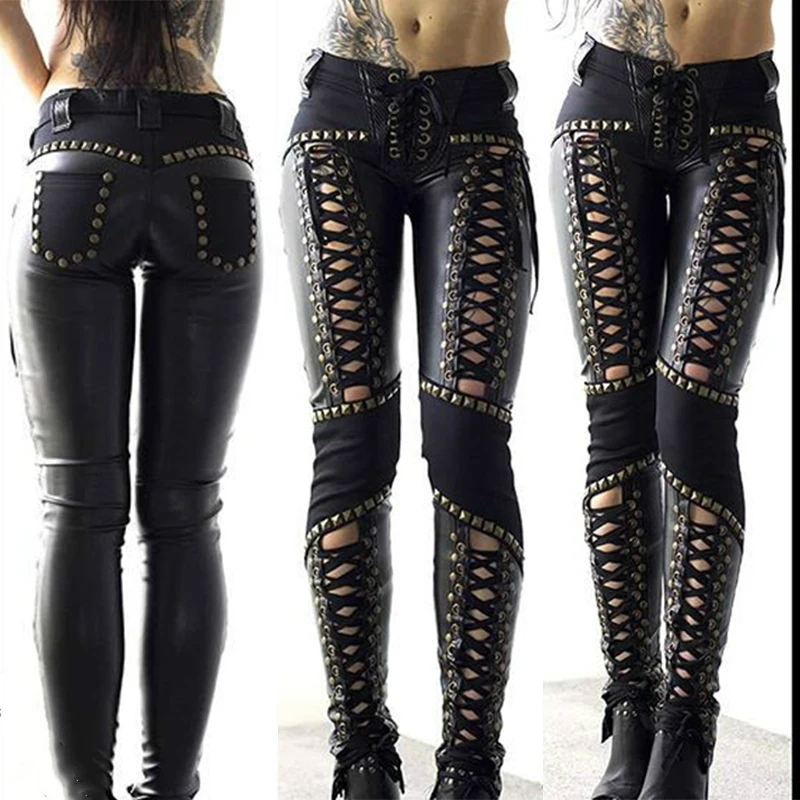 

Women Gothic Faux Leather Elastic Leggings Hollow Out Lace Up PU Leggins Leggings Lady Fetish Sexy Black Punk Rock Skinny Pants