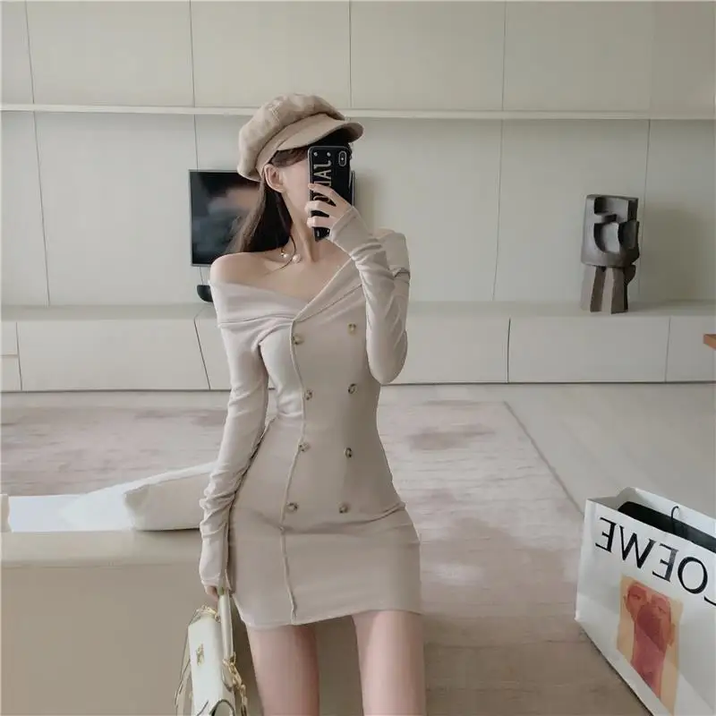 

Solid Color Tight Sexy Dress Women's Harajuku One-shoulder Double-breasted Long-sleeved Dress With Hip Nightclub Style Autumn