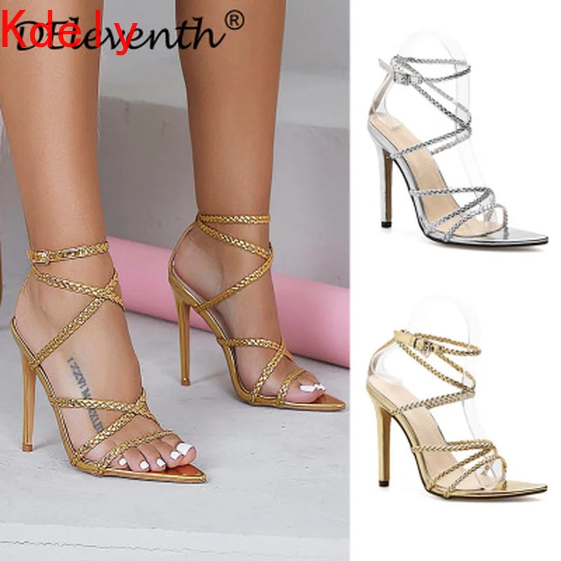 

11.5CM 2021 New Style Summer Sexy Women's Shoes Cross-woven with Pointed Buckle Sandals Large Size High-heeled Women's Shoes