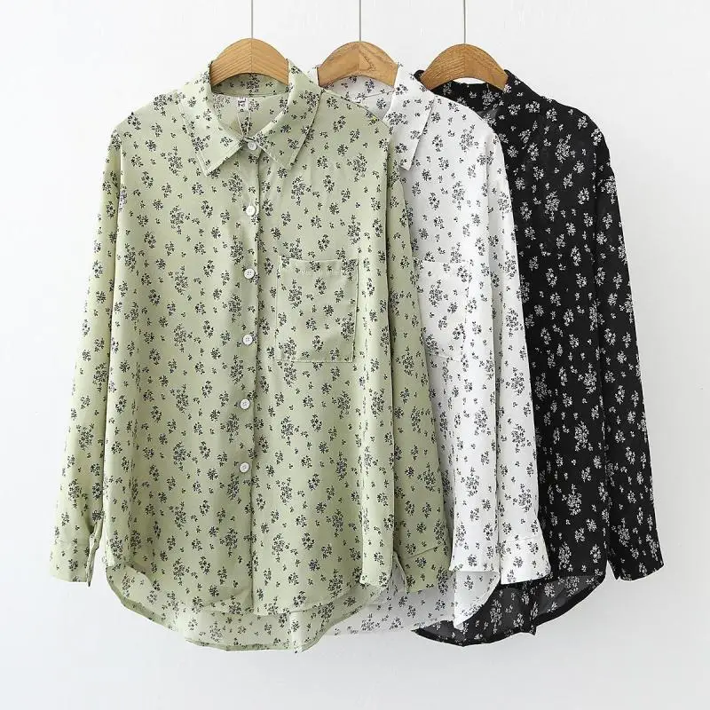 

Summer College Style Women's Shirt Long Sleeve Floral Print Harajuku Green Pocket Decoration Lapel One Blouse