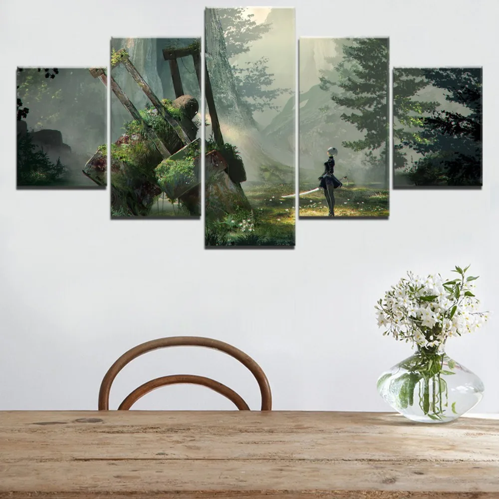 

Landscape Painting Canvas HD Printed Game Painting Wall Art Decor Modular Picture Framework 5 Panel NieR Automata 2B Game Poster
