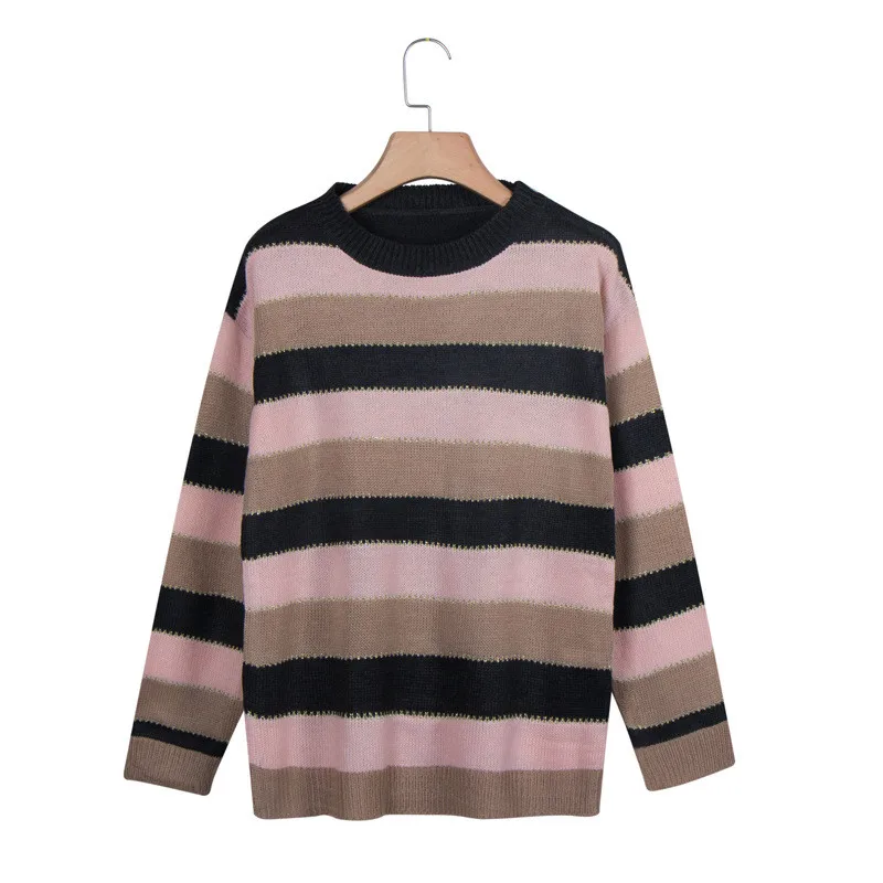 

Striped Sweater Women Casual Drop-shoulder Color Block Knitted Sweaters Vintage Batwing Long Sleeve Female Pullover Tops